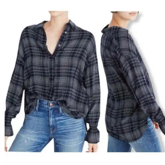 Madewell XXS Westward Slate Grey Plaid Bell Cuff Sleeve Button Down Wool… - Picture 1 of 6